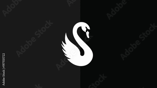 Elegant white swan silhouette on a striking black and dark gray split background, minimalist graphic design, avian symbol