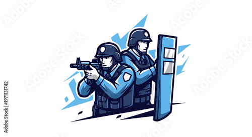 Two police officers in tactical gear, one holding a rifle and shield