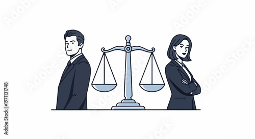 Two professionals, a man and woman, stand opposite a balanced scale