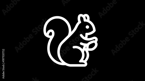 Minimalist white outline icon of a cute squirrel holding an acorn on a solid black background, perfect for web or app design