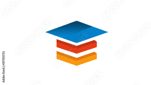 Modern abstract graphic of a graduation cap with colorful stacked layers, symbolizing education, knowledge, learning, and data management.