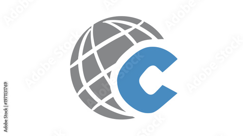 Blue letter C integrated with a grey world globe graphic, representing global connection, communication, business, and technology.