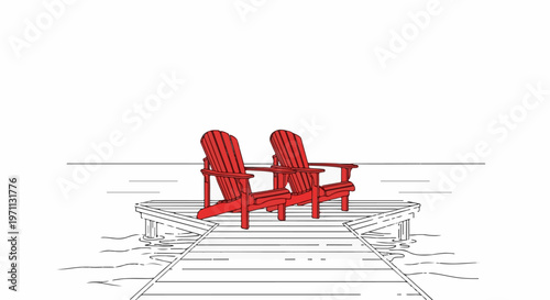 Two red chairs sit on a wooden dock, facing calm water