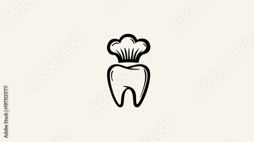 Outline illustration of a healthy tooth crowned with a chef's hat, perfect for dentistry, nutrition, or food services.