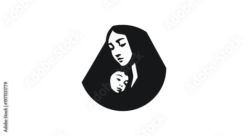 Stylized black and white illustration of a mother tenderly holding her baby. Gentle maternal love, care, and bond.