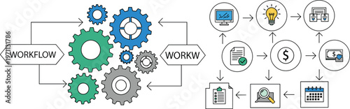 Business workflow process automation with gears diagram, task management system, productivity optimization, digital operations flow, project planning illustration concept design