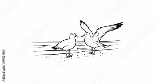 Two seagulls stand on the sand near the water. One has wings outstretched