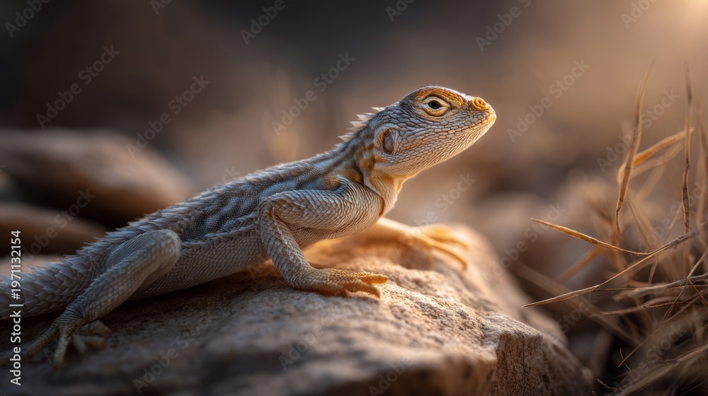 Fototapeta premium Basking Lizard on Warm Rock in Desert Scene Closeup Photography