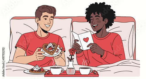 Two men in bed sharing breakfast and a card on Valentine's Day