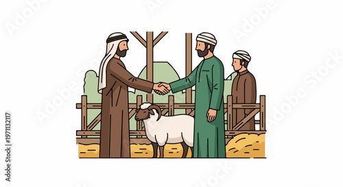 Two men in traditional attire shake hands over a sheep
