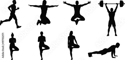 Fitness workout silhouettes set with running jumping yoga weightlifting push up exercises, healthy lifestyle, training routine, sport activity illustration design
