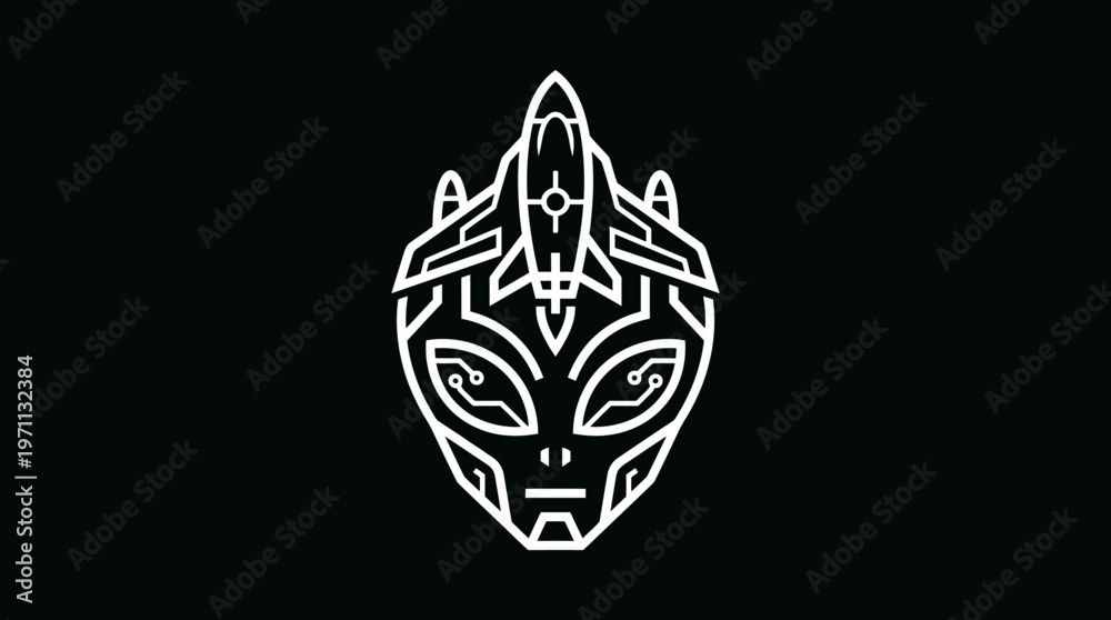 Naklejka premium Abstract alien head logo with futuristic design and spacecraft element