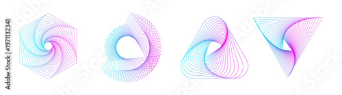Abstract geometric shapes in gradient colors. Shapes include hexagons, triangles, and spirals. Gradient colors blend smoothly in each geometric design. Graphic element vector illustration set.