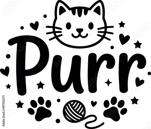 Cute cat face with purr lettering and paw prints vector art