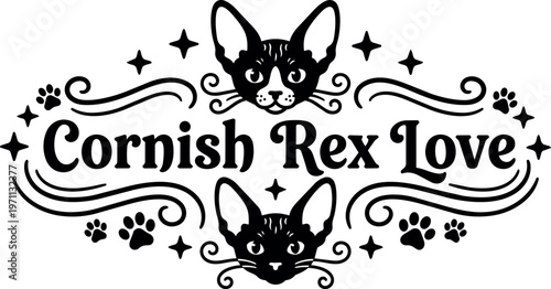 Cornish rex love with cat faces and paw prints black and white vector art