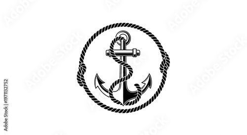 Nautical anchor symbol with rope circle design isolated on white background