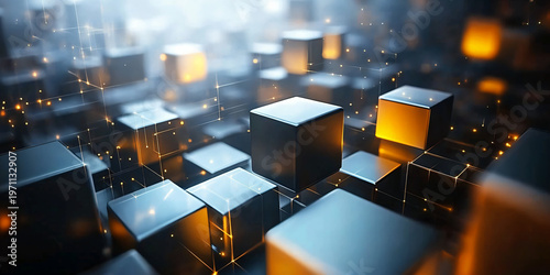 Futuristic Digital Cubes Network with Glowing Data Connections