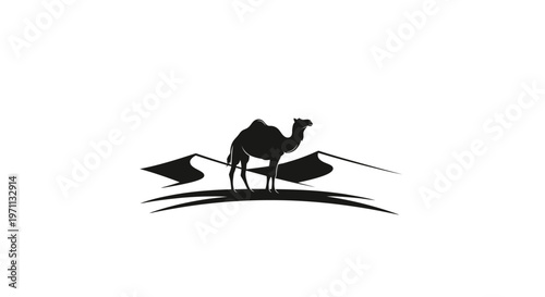 Silhouette of a camel walking across desert sand dunes under a clear sky