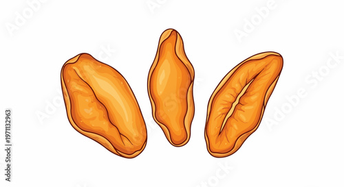 Three stylized, golden-brown peanut halves isolated on a white background