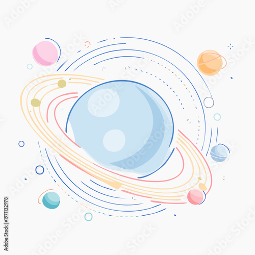 A blue planet with rings and smaller orbiting planets, illustration of a celestial body in outer space with cosmic elements