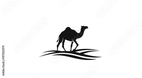 Silhouette of a camel walking on stylized desert dunes in black and white