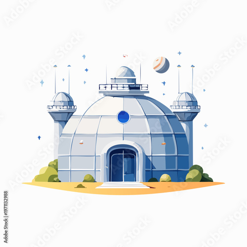 Futuristic domed building with spherical celestial bodies in a vibrant, stylized illustration