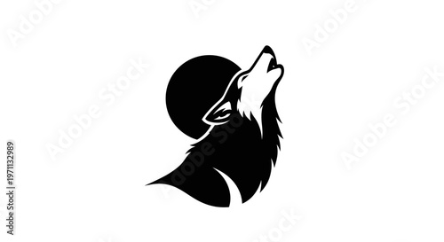 Silhouette of a howling wolf with moon in black and white style design