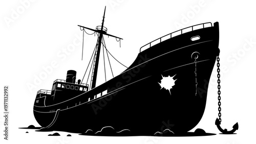 Black silhouette of a shipwrecked vessel.