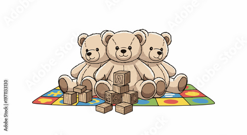 Three teddy bears sitting on a colorful play mat with blocks