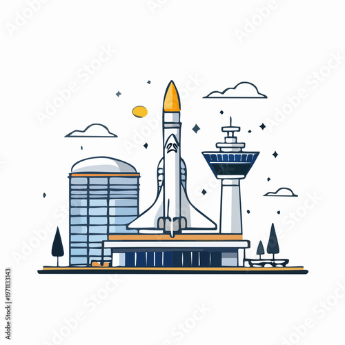 Vector illustration of a modern space museum with a large rocket, sleek buildings, and a control tower, symbolizing scientific progress and aerospace innovation