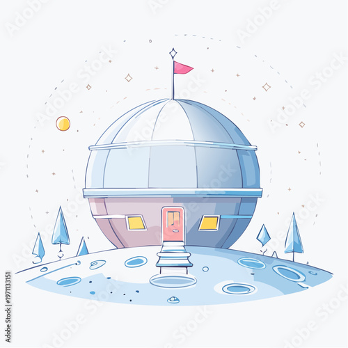 Illustration of a futuristic dome building on an otherworldly moon surface, representing human ingenuity in space exploration and off-planet colonization