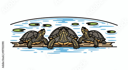 Three turtles resting on a log in a pond with lily pads