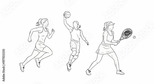 Three women engaged in different sports activities running, basketball, and tennis