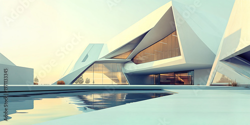 Futuristic Minimal Architecture with Angular White Buildings and Water Reflection