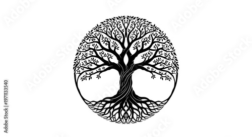Stylized tree of life symbol in black and white against a white background