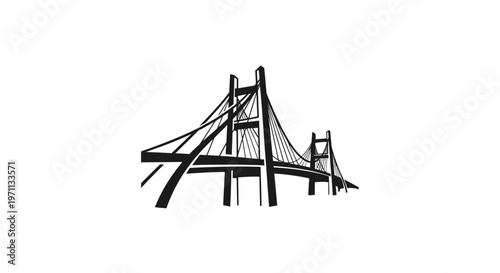 Suspension bridge illustration black and white perspective view isolated