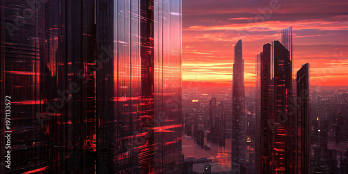 Futuristic City Skyline with Red Glass Skyscrapers at Sunset