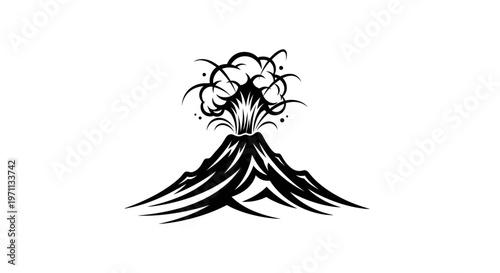 Volcano erupting black and white illustration isolated on white background