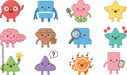 Vector illustration of cartoon geometric characters with expressive faces and accessories representing creativity and personality