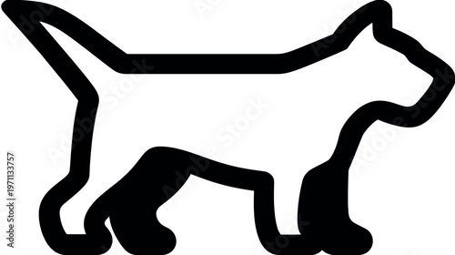 Simple black outline illustration of a walking dog silhouette. Graphic pet animal icon design element in profile view.