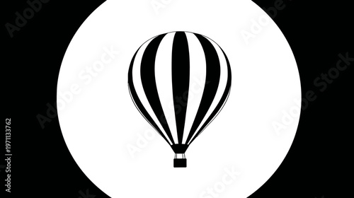 Minimalist black and white striped hot air balloon icon inside a white circle. Simple vector illustration for travel and adventure.