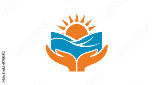 Cupped hands holding water and sun rays, symbolizing nature conservation, environmental protection, sustainability, and renewable energy