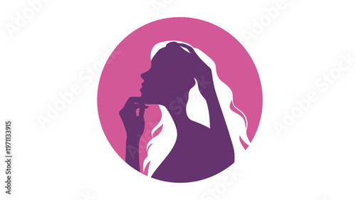 Stylish woman's profile silhouette with long wavy hair on a vibrant pink circle. Beauty, elegance, and contemplation.