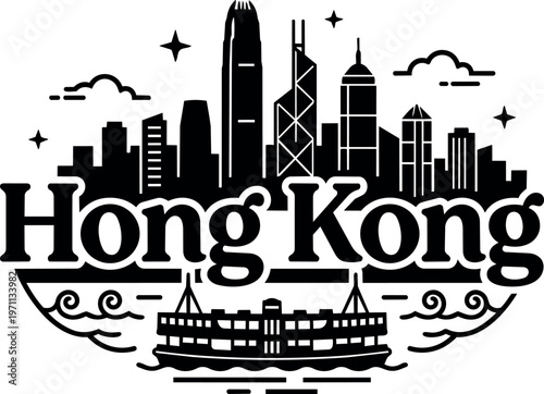 Black and white hong kong skyline with ferry and stylized waves vector art