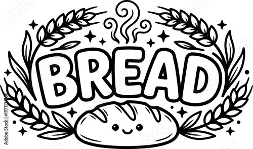 Black and white bread lettering with cute smiling loaf and wheat ears vector art