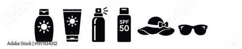 Sunscreen bottles and sun accessories icon set. lotion, tube, pump spray, spf50 bottle, hat, sunglasses. line, flat and colored vector icon set.