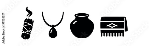 Southwest spa and craft icons in solid style. smudge stick, pendant, pottery jar, patterned blanket. flat vector illustration.