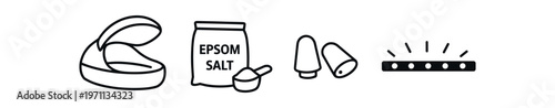 Travel amenity icon set. slippers, bath salts, ear plugs, toiletries, relaxation, hotel comfort. line and flat vector illustration.