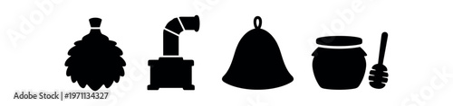 Sauna and spa icon set. birch broom, stove, felt hat, honey pot with dipper. line, flat and colored vector icon set.