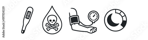 Medical and wellbeing line icon set. thermometer, poison blood drop, blood pressure cuff, sleep cycle chart. line and flat vector illustration.